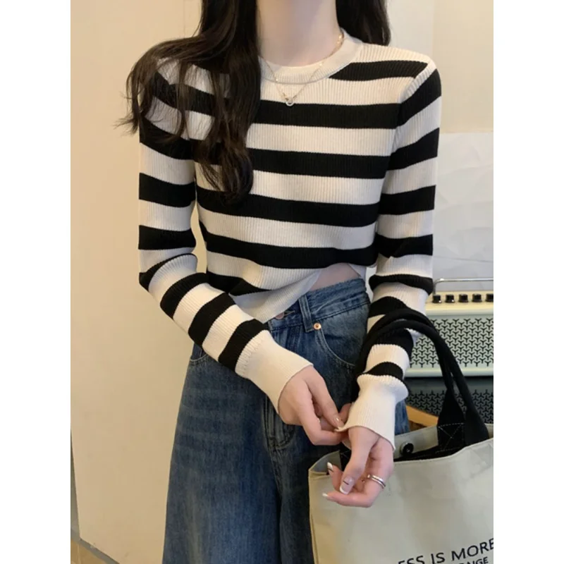 Primavera otoño ajustado Top de manga larga Camiseta de punto a rayas camisa básica Otoño Invierno suéter de mujer de moda