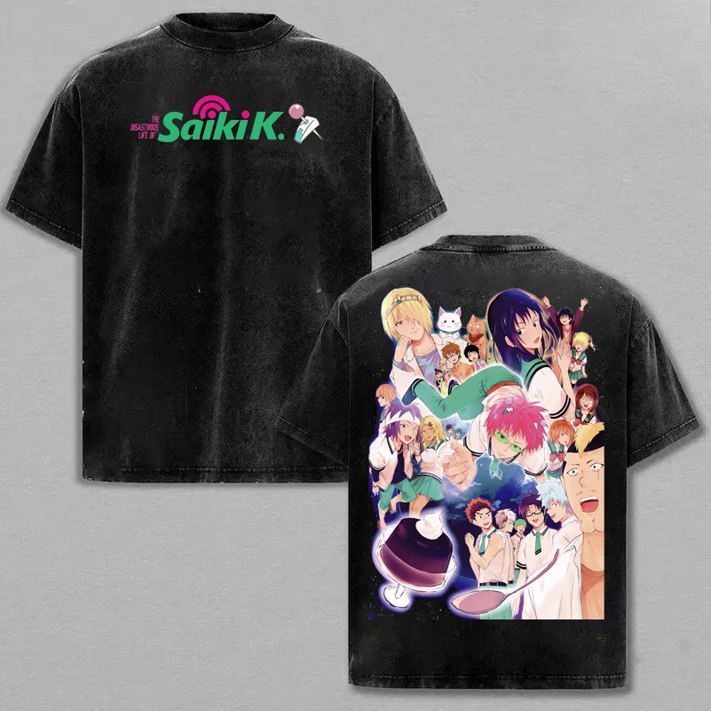 Anime The Disastrous Life of Saiki K Graphic Print T-shirt Harajuku Fashion Vintage Washed Cotton Short Sleeves Oversized Top