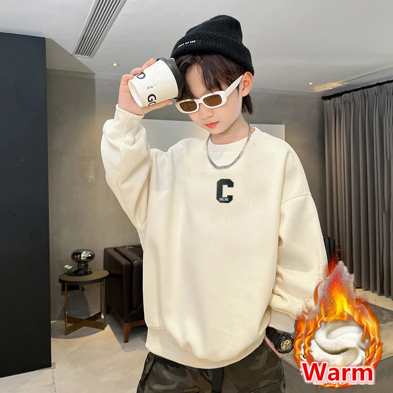 Brief Style Children Winter Warm Thermal Sweatshirt For Big Boy Casual Beige Color Thick Hoodie Kids Insulated Cotton Clothing