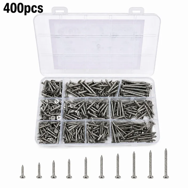400PCS 304 Stainless Steel Cross Recessed Countersunk Self Tapping Screws Furniture Wood Home Repair DIY Tools Hardware Box Set