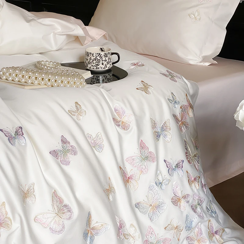 

4Pcs White/Pink Luxury Butterfly Embroidery Bedding Set 1000TC Egyptian Cotton Duvet Cover Bed Sheet/Fitted Sheet Pillowcases
