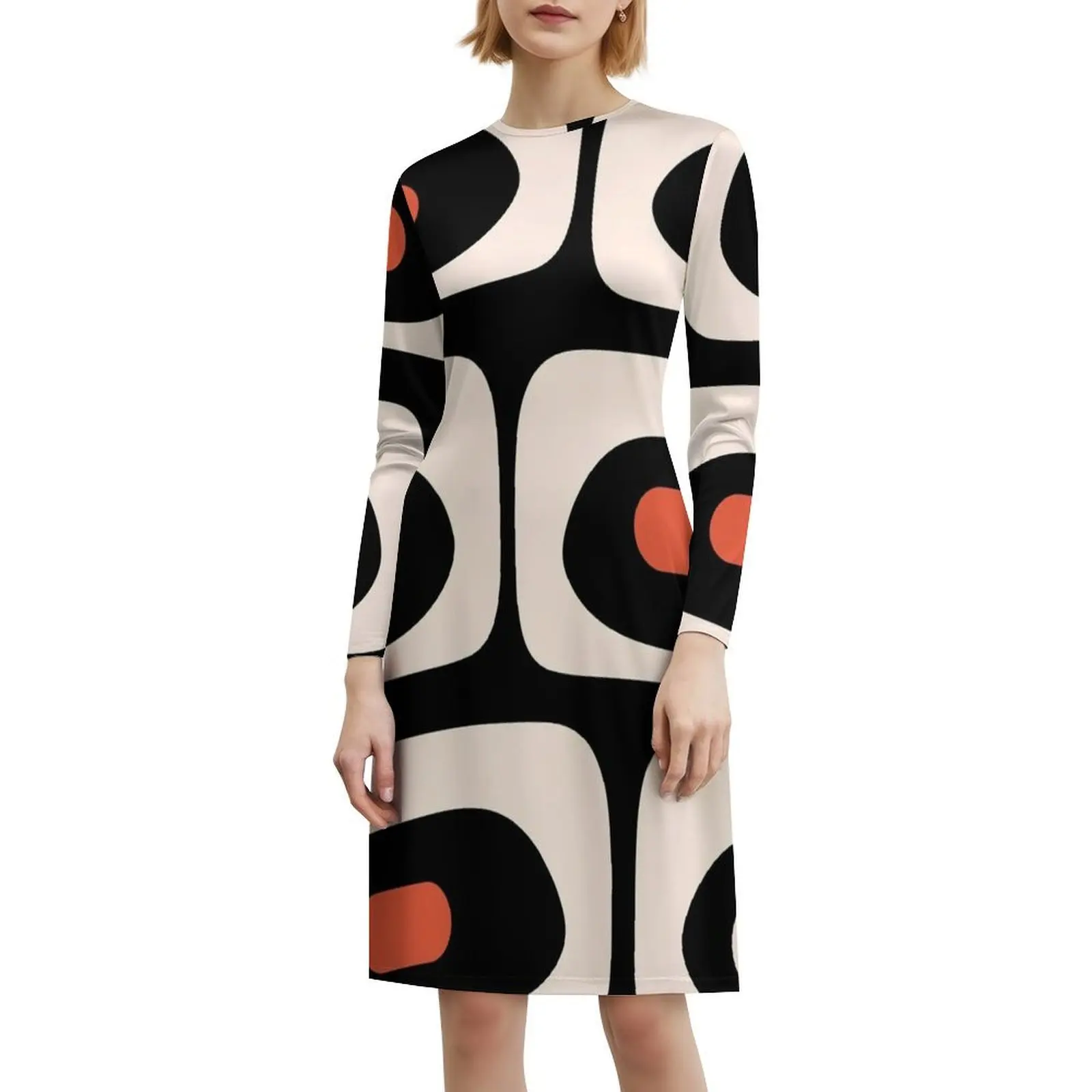 فستان حفلات أنيق للنساء باللون الأسود بنمط تجريدي من منتصف القرن فستان على شكل حرف a مع خيارات قصيرة/طويلة/بدون أكمام