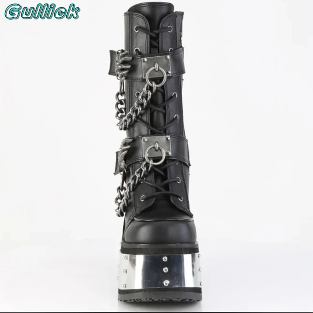 Skeleton Hand Rivets Chain Boots Round Toe Silver Platform Chunky Heel Metal Decor Side Zipper Mid Calf Punk Style Women Shoes