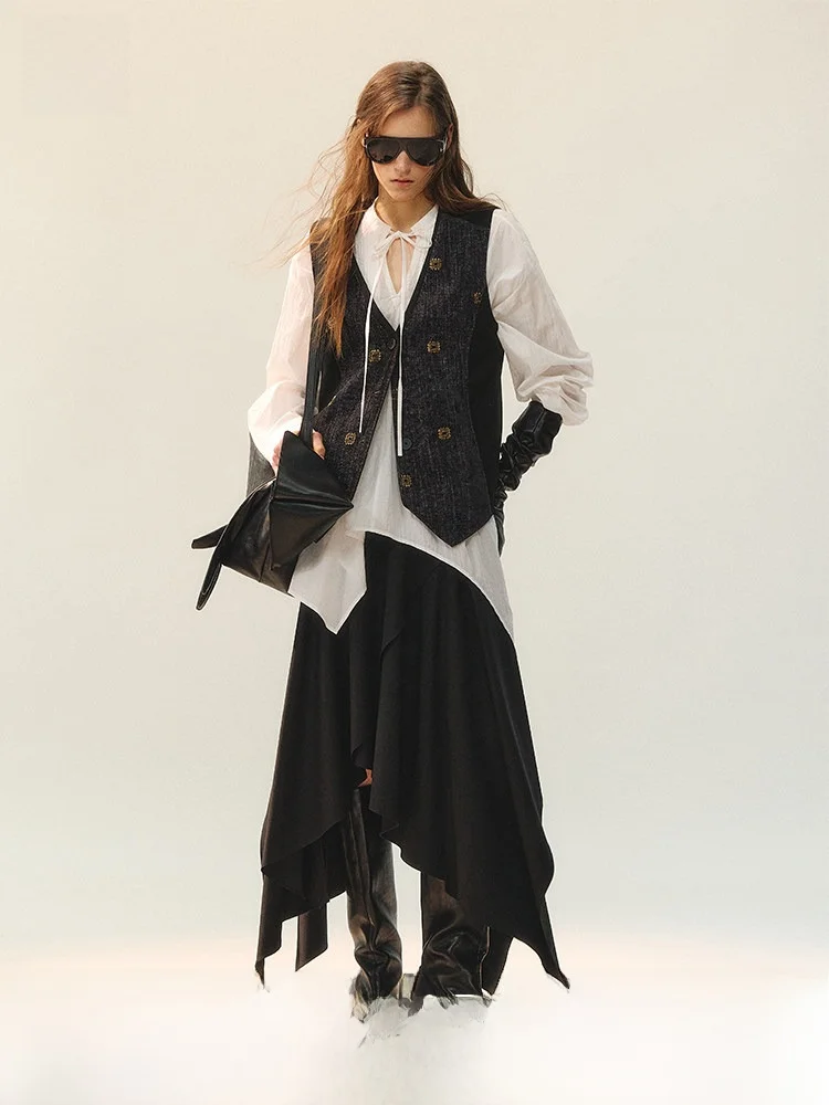 

Genetic Bla Tone Vintage Sle V-Ne Vest Asymmetrical Skirt Two-Piece Set Women's Faion Spring Collection Long Sve