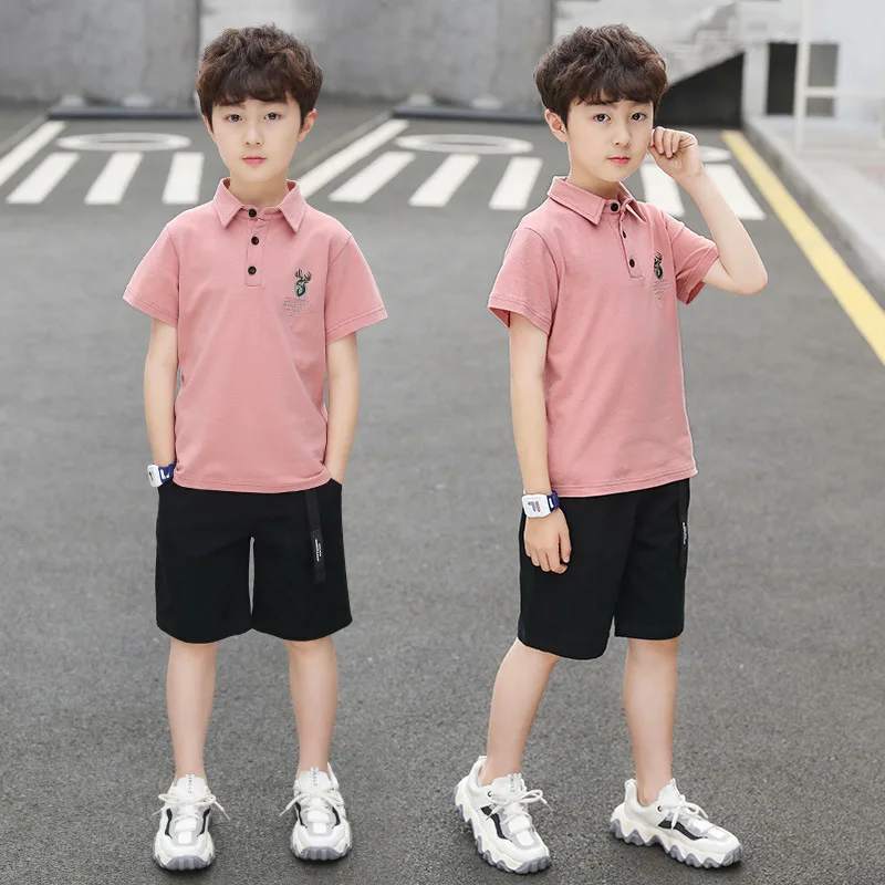 2pcs tracksuit 2023 Summer Child Clothes Baby teen Boys loose polo Deer T-Shirt & cargo Shorts pocket pants 6 8 10 12 14 years