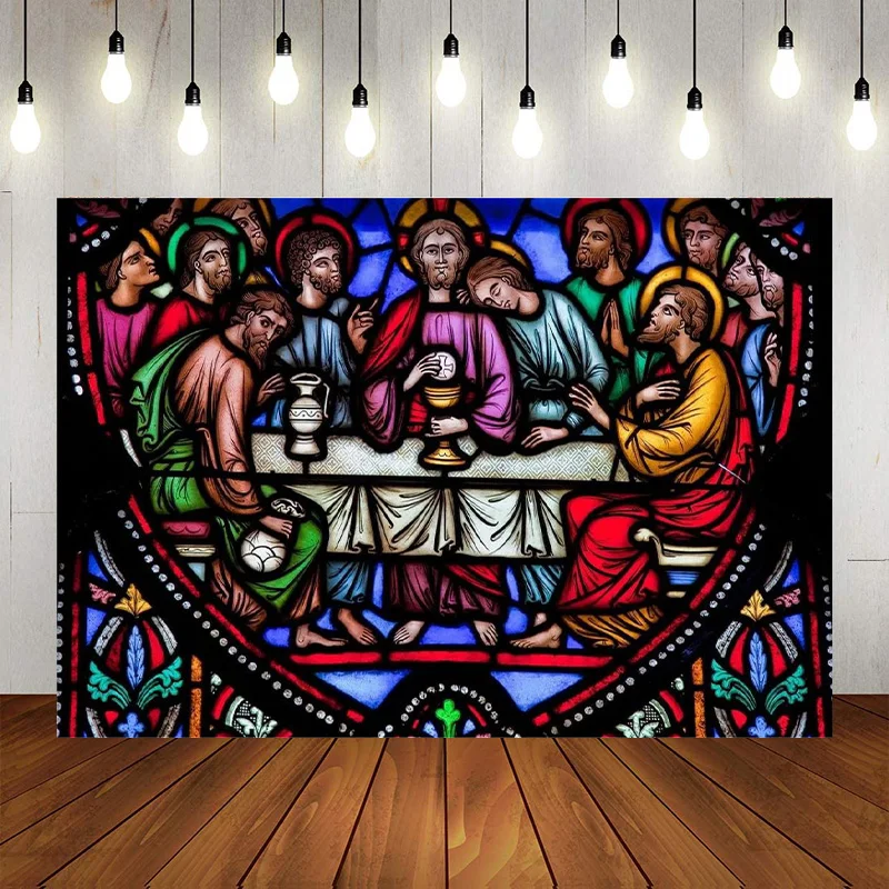 

Stained Glass Backdrop Jesus Twelve Apostles Maundy Thursday Last Supper Cathedral Photography Background Christian Banner