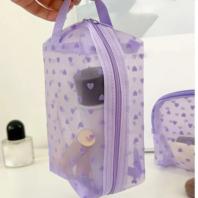 1PC Transparent Mesh Pencil Case Purple Colour Heart  Case Cosmetics Bag Stationery Organizer Pencil Bag Makeup Pouch for Women