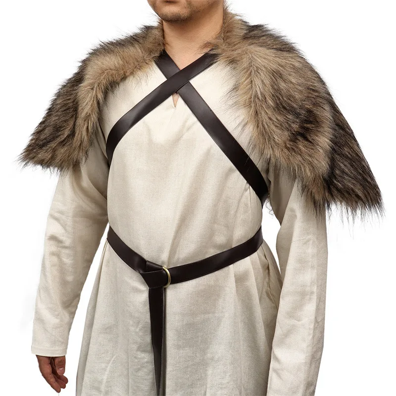 1pc medieval retro gola de pele do falso guerreiro ombro envoltório capa com alça no peito masculino traje de halloween cosplay xale manto