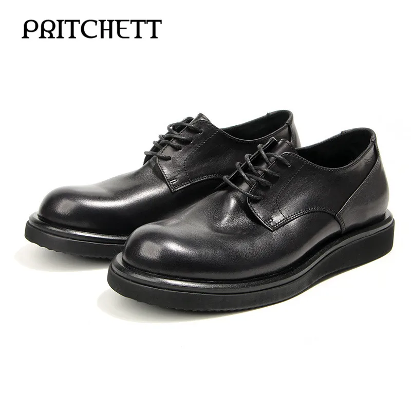 Retro Handmade Genuine Leather Shoes Fashion Trend Casual Leather Shoes Thick Sole Lace-Up Simple Solid Color Men's Shoes