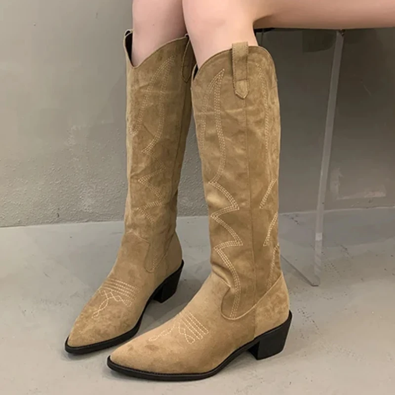 Winter Embroidery Shoes Women Cowboy Boots Fashion Slip On Long Knee High Boot Female Square Very Women'S Knight Botties