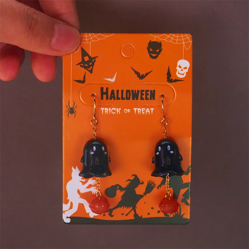 Niedliche Halloween-Harz-Geister-Ohrstecker für Damen, modische Cartoon-Kürbis-Anhänger-Piercing-Ohrringe, Schmuckgeschenke – Detail 29