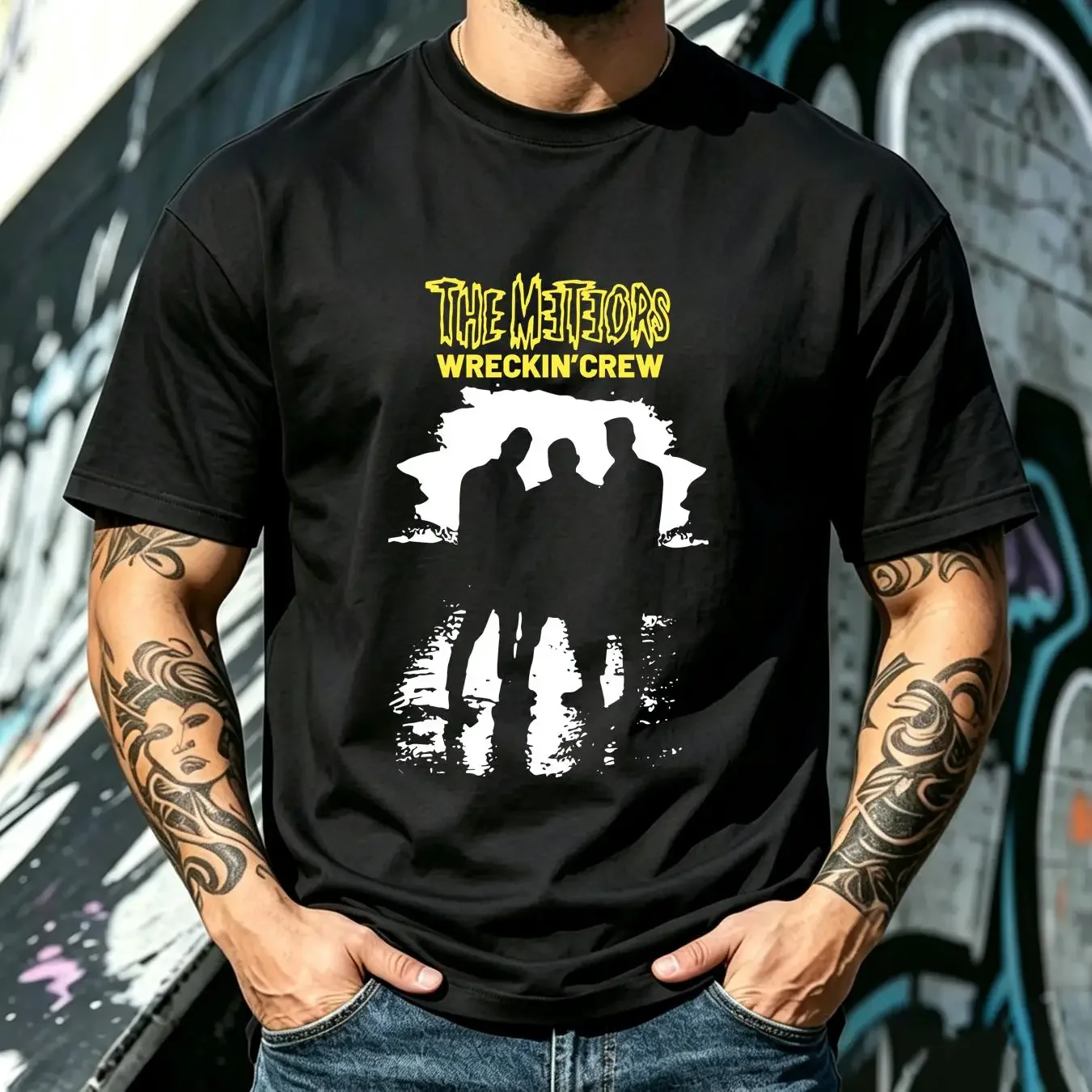 washed T Shirt Vintage 90s The Meteors Wrecking Crew Psychobilly Band Black All Size vintage Washed designer clothes Slightly