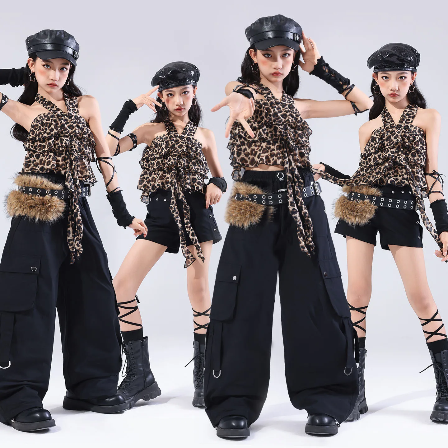 Hip Hop Girls leopard halter top Loose rivet shorts Pants Kids Streetwear Children Jazz Girl Group Costumes K-pop Clothes Sets