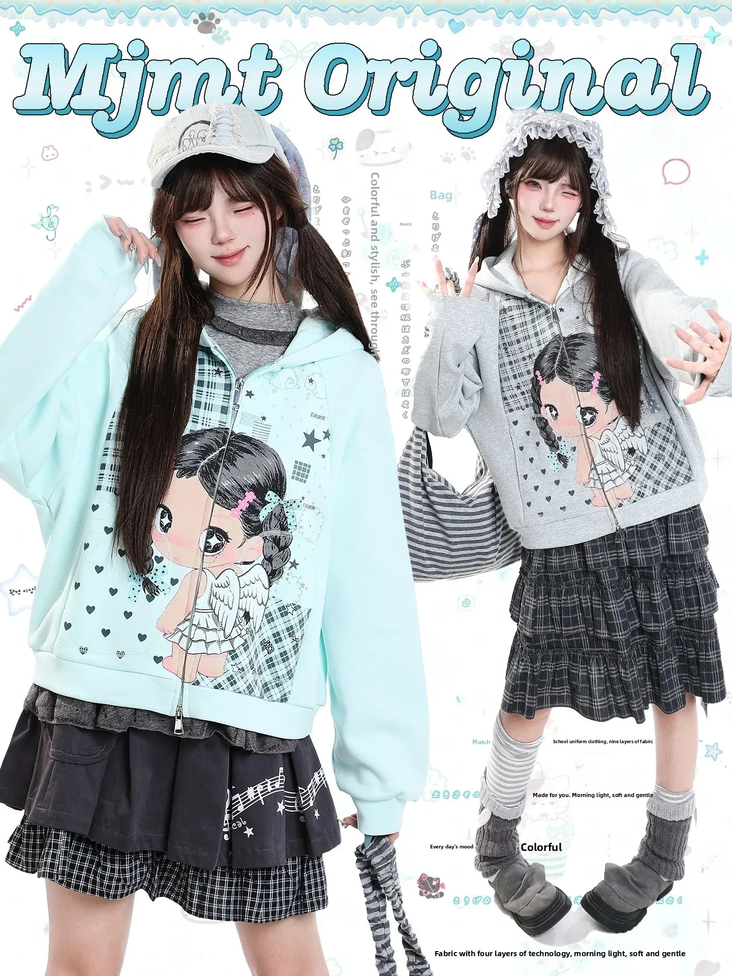 Cute Cartoon Anime Printed Open Cardigan Hoodie Women's Loose Casual Zipper Design Girl Feeling Outerwear Short Sleeve Long S...