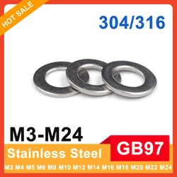 2/5/10/50/100pcs M3 M4 M5 M6 M8 M10 M12 M16 M24 GB97 A2 A4-70 304/316 Stainless Steel Flat Washer Plain Gasket