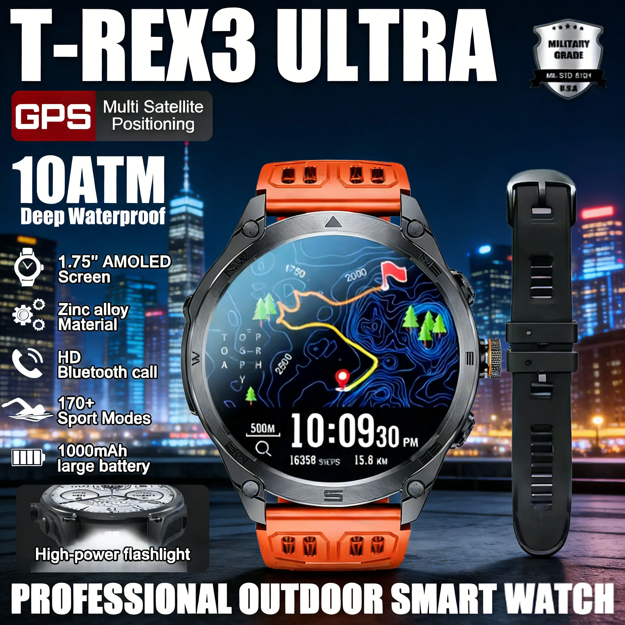 

Новые смарт-часы T-Rex 3 Ultra GPS 2026 года для мужчин, военные, для активного отдыха, водонепроницаемость 10ATM, спортивный фитнес-трекер, Bluetooth-звонки, компас