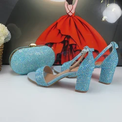 Summer Blue AB Crystal Bridal Party shoes and bag Set Women Thick Heel Wedding Evening shoes Open Toe Sandals Ankle Strap Female