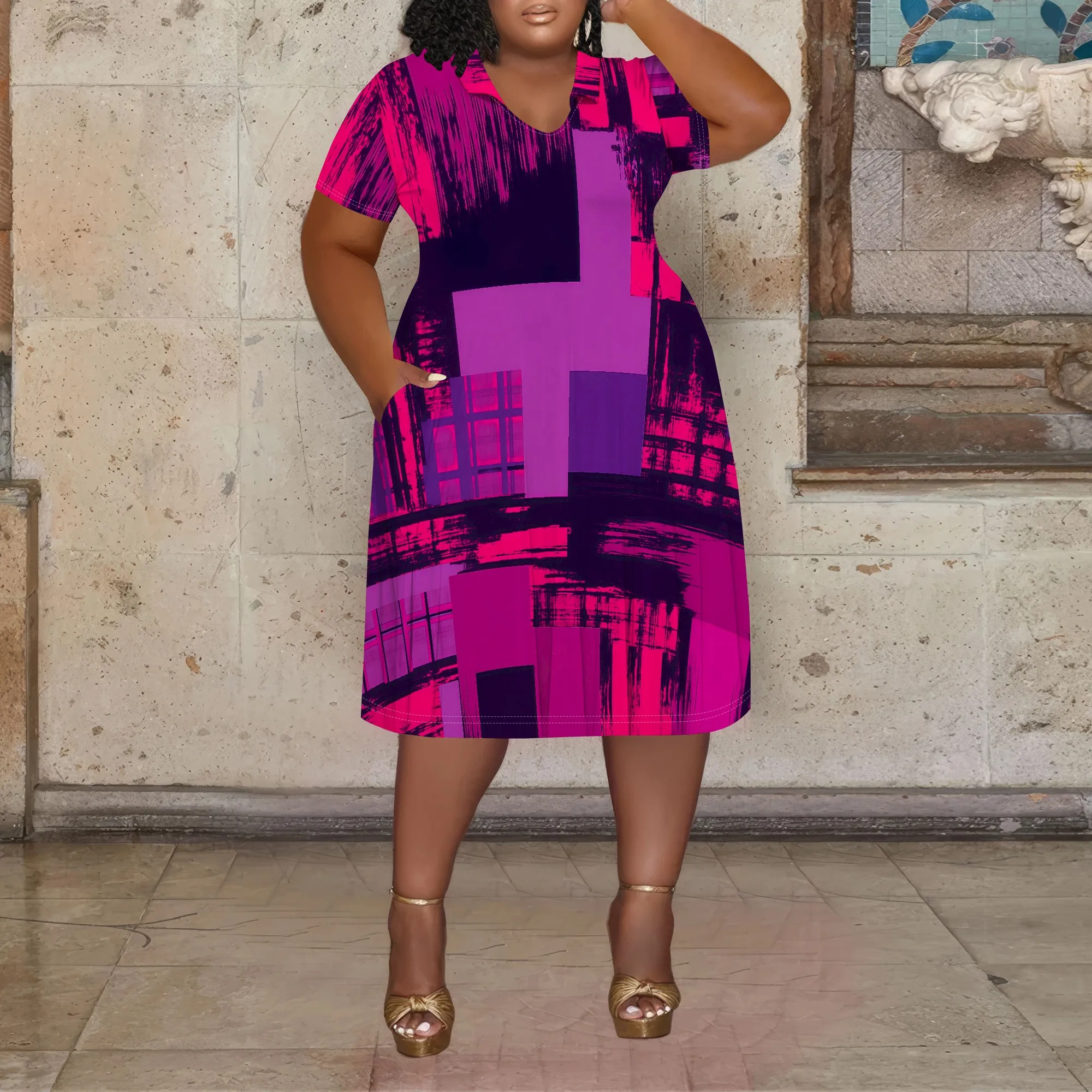 

Plus Size Women's Summer T-Shirt Dress Abstract Print V-Neck Short Sleeve Casual Loose Dress with Pockets XL-6XL