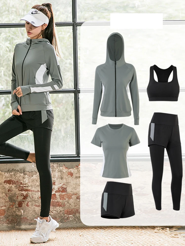 Hooded Track Suit Ladies Korea Autumn/winter New Yoga Clothes Gym Sportwear Running Leisure Morning Running Five-piece Suit