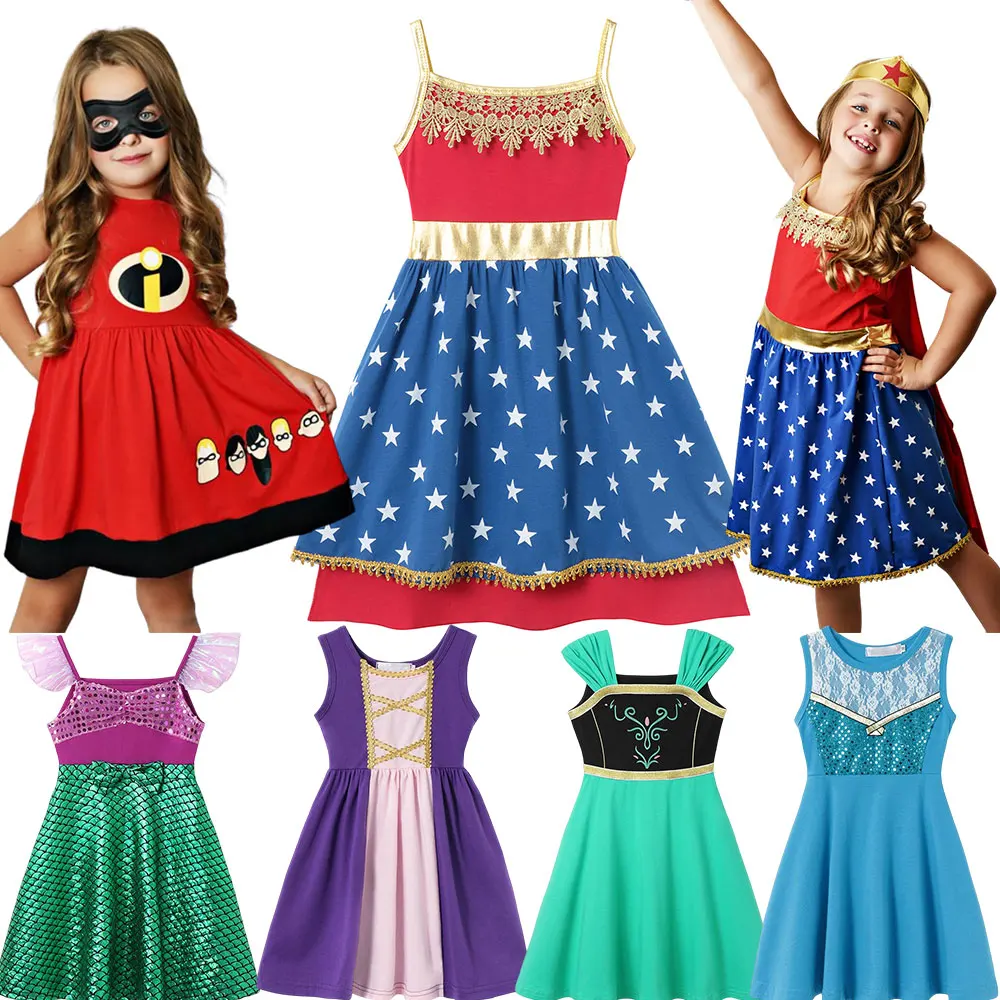 

Super Hero Wonder Girl Dress with Cape Role Play Rapunzel Elsa Jasmine Sundress Toddler 2024 Summer Moana Princess Party Clothin