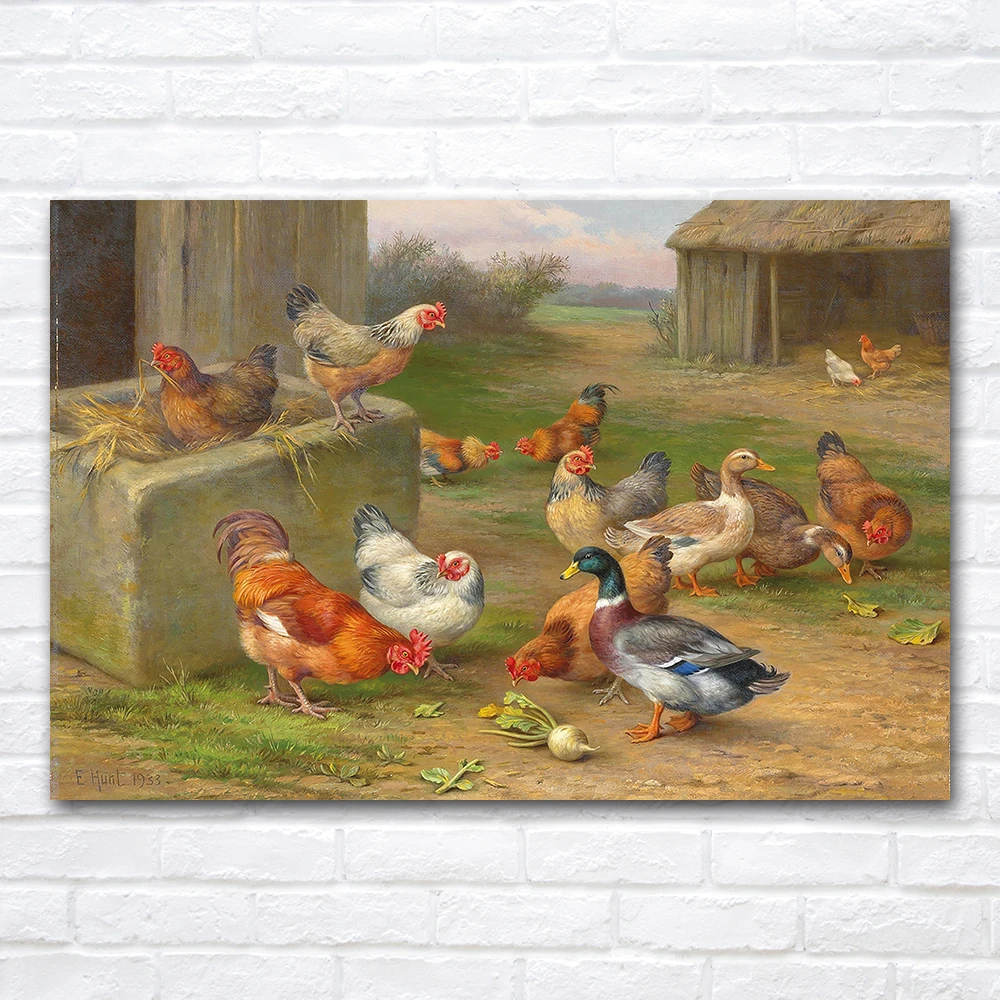 Farmhouse Animals Chickens & Ducks Retro Wall Art Canvas Painting Posters Prints Mural Illustration Room Decoration Accessories