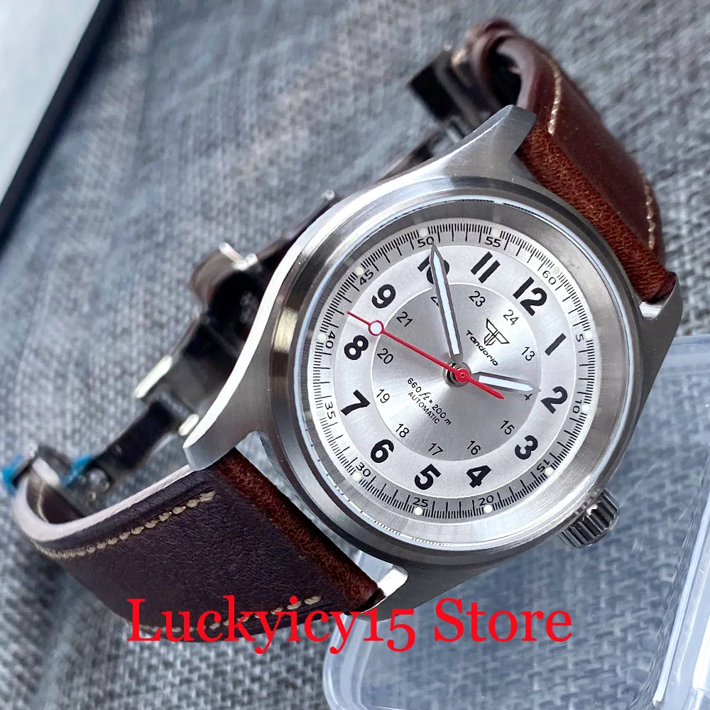 Tandorio Miyota 8215 Movement 20ATM Diving 36mm Pilot Aviator Brushed Automatic Watch Men Vintage Sapphire Crystal Leather Strap