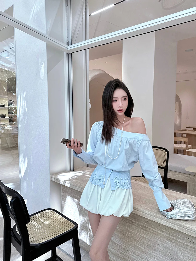 

ZQ Sub Qing Women's Lace Shirt Waist Cinching Shoulder Bared Short Top Splicing Design High Waist Regular Sleeve Long Collarbone