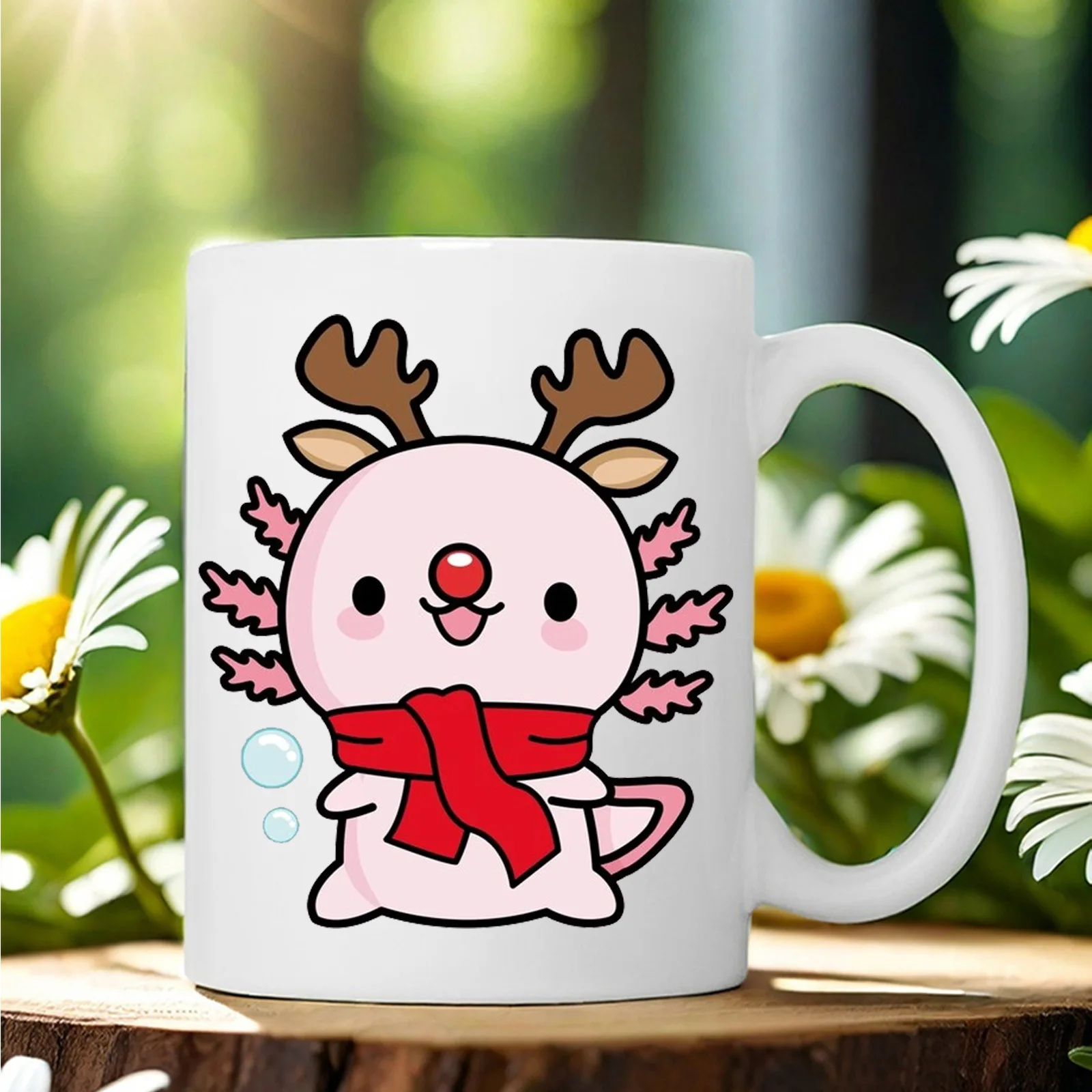 Cross-border cute pink and white reindeer ceramic cup with red scarf and antlers, hand-painted glossy appearance