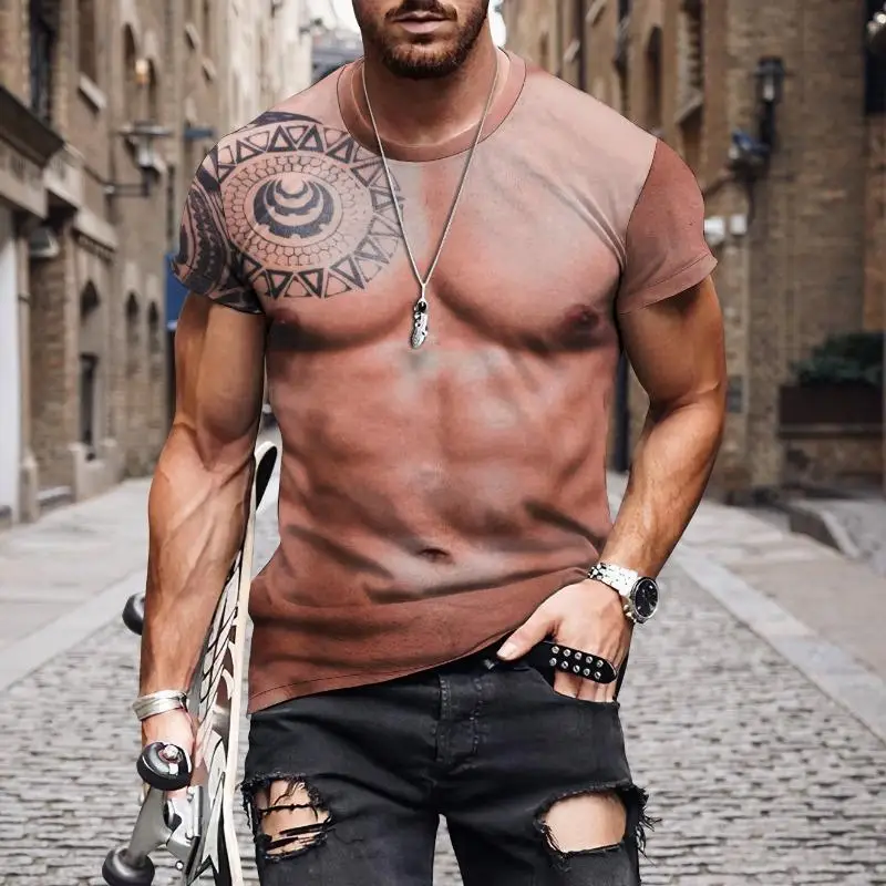 Men 3D Fake Ripped Muscle Print T-shirt Fashion Short Sleeve Casual Tops Multiple Patterns