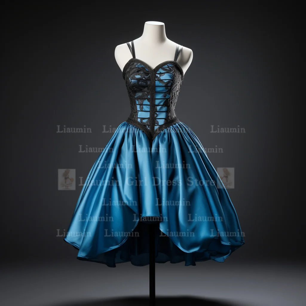 Blue Satin and Black Lace Edge Applique Strapless Short Length Lace Up Back Evening Dress Brithday Elagant Clothing Custom W1-19