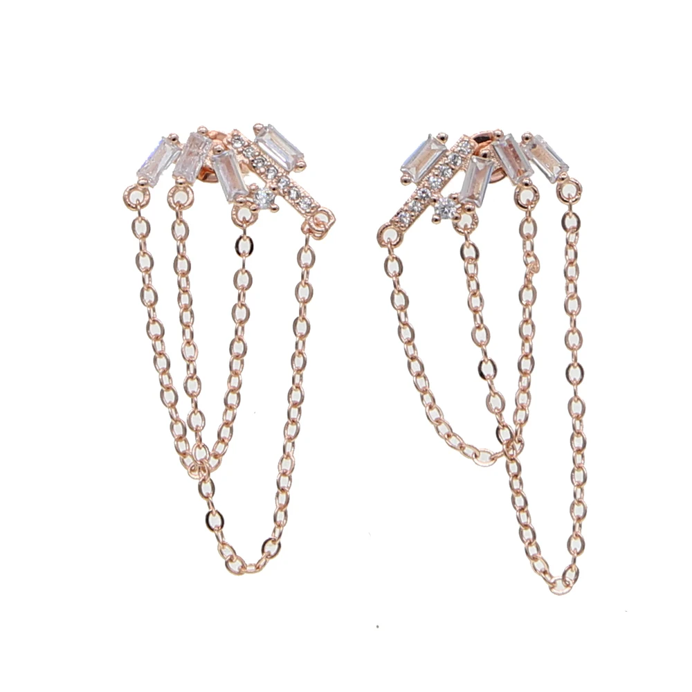 Rose gold color Cz bar Long Tassel Chain earring Romantic Fashion women jewelry cz cluster elegance earrings