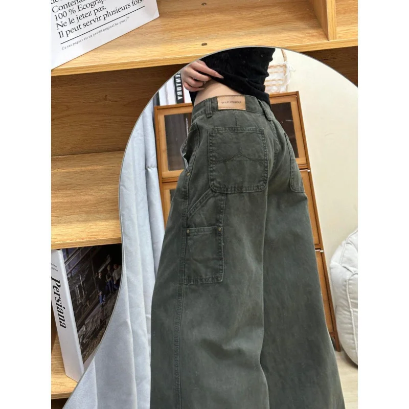 

American retro workwear jeans for women, summer high-waisted slimming versatile design, straight wide-leg floor-length trendy pa