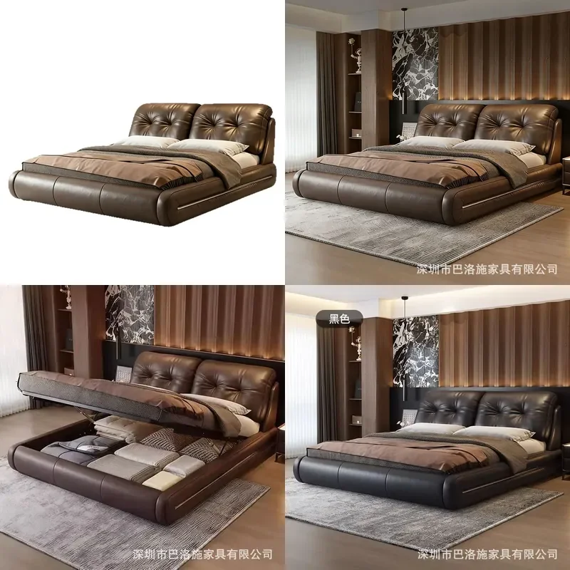 Modern Italian Style Genuine Leather Double Bed with Tufted High Headboard Soft Upholstered Frame for Master Bedroom