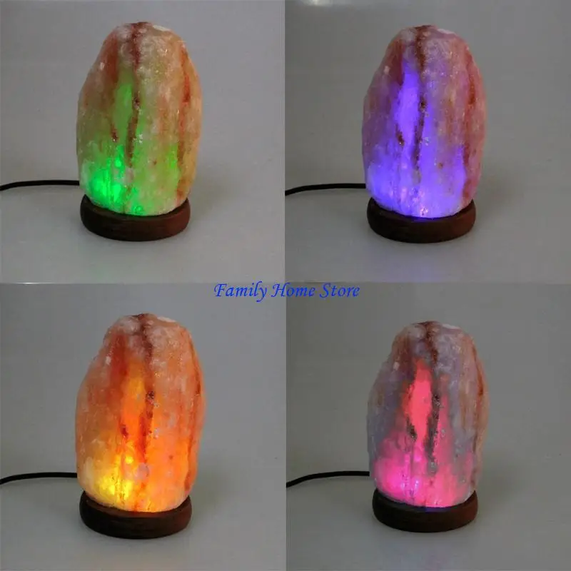 

P0UF Hand Carved USB Wooden Base Rock Salt Lamp Air Purifier Night Light