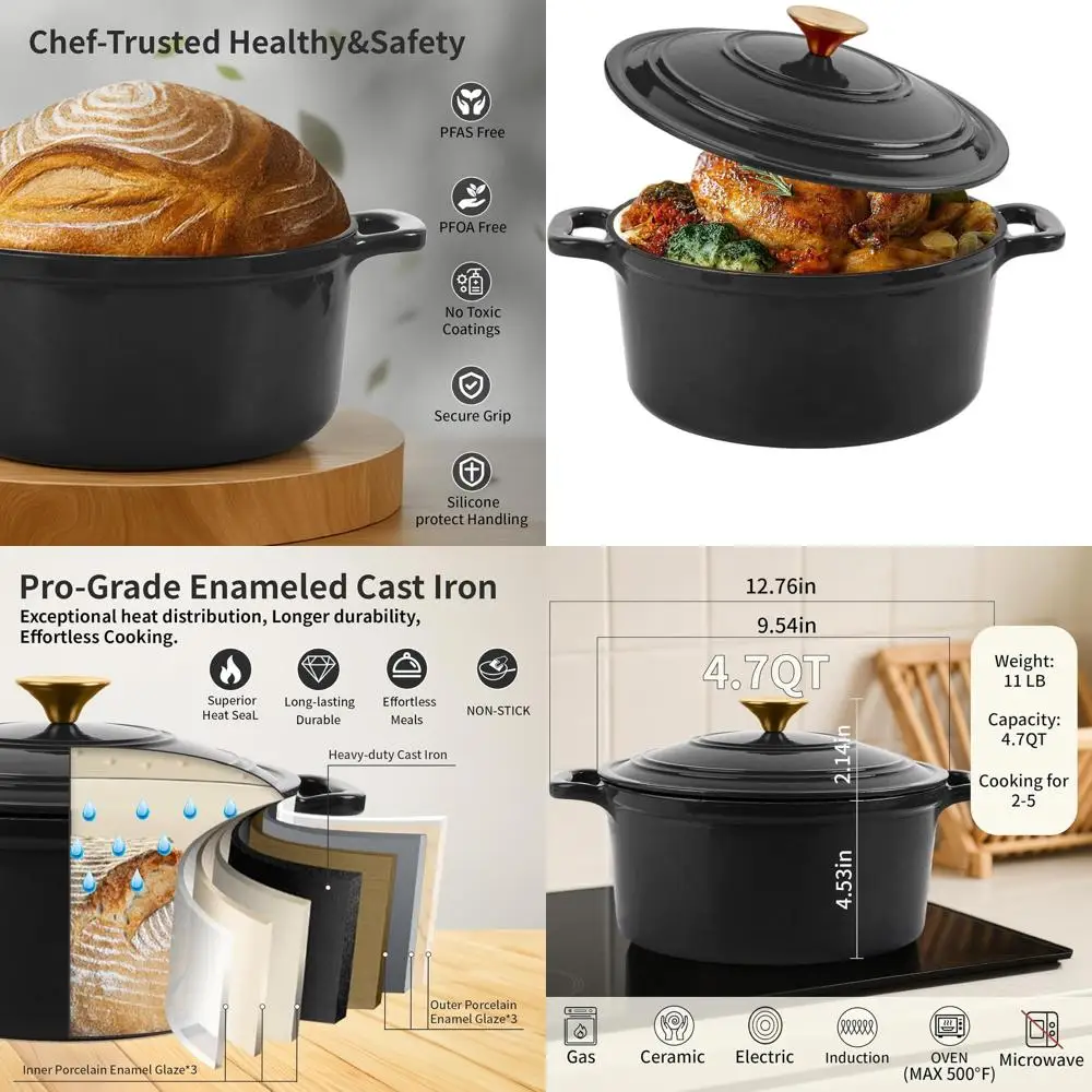 

Enameled Cast Iron Round Dutch Oven, 4.7QT, Grey, for Baking, Braising, Roasting, Stews, Oven and Induction Safe