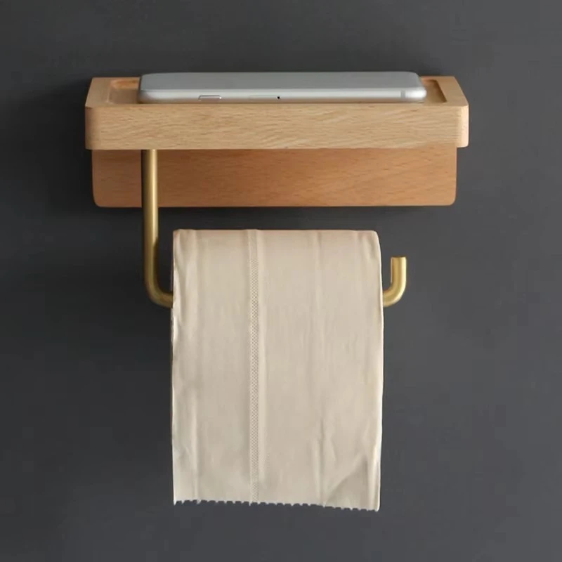 Wooden Napkin Holder Storage Shelf Living Room Solid Wood Non-perforated Paper Towel Rack Wall Tissue Box Toilet Paper Dispenser