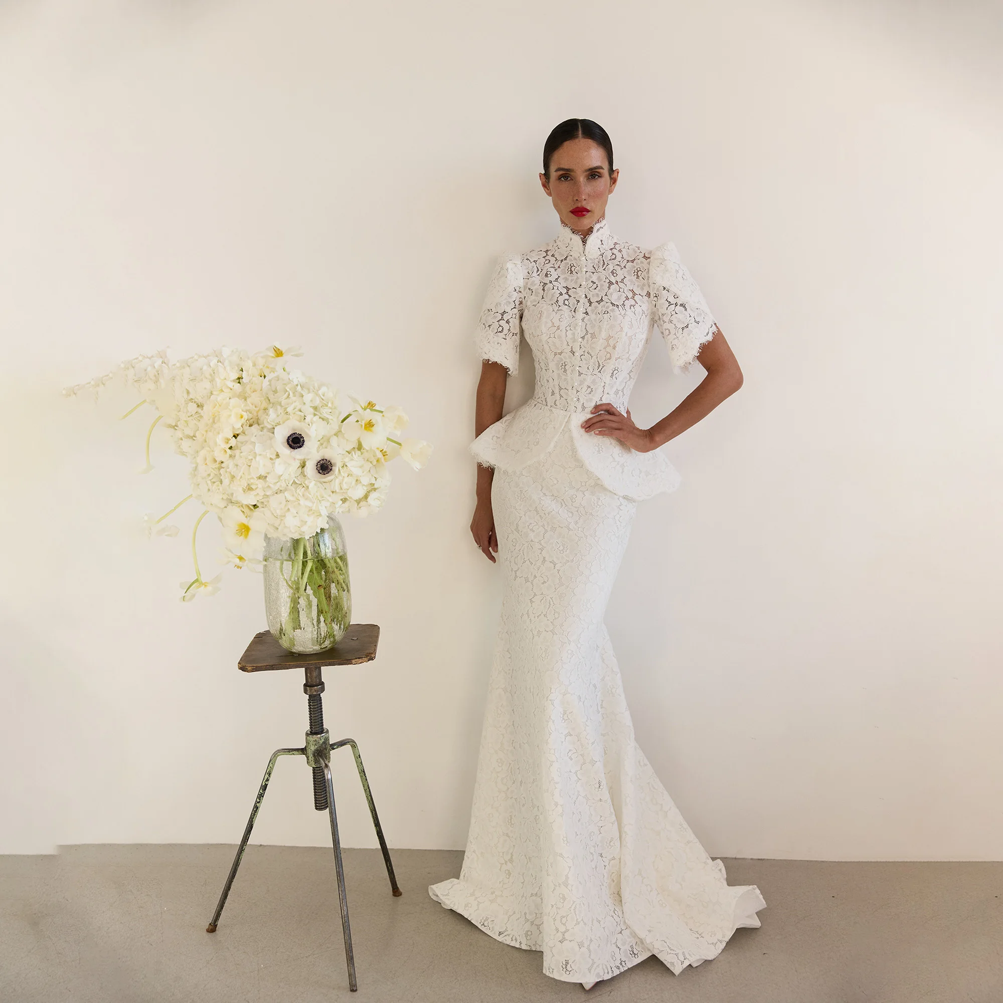 Elegant Lace Wedding Dresses For Women Short Sleeve Mermaid High Neck Bride Gowns Zipper Back Vestidos De Novia Customized