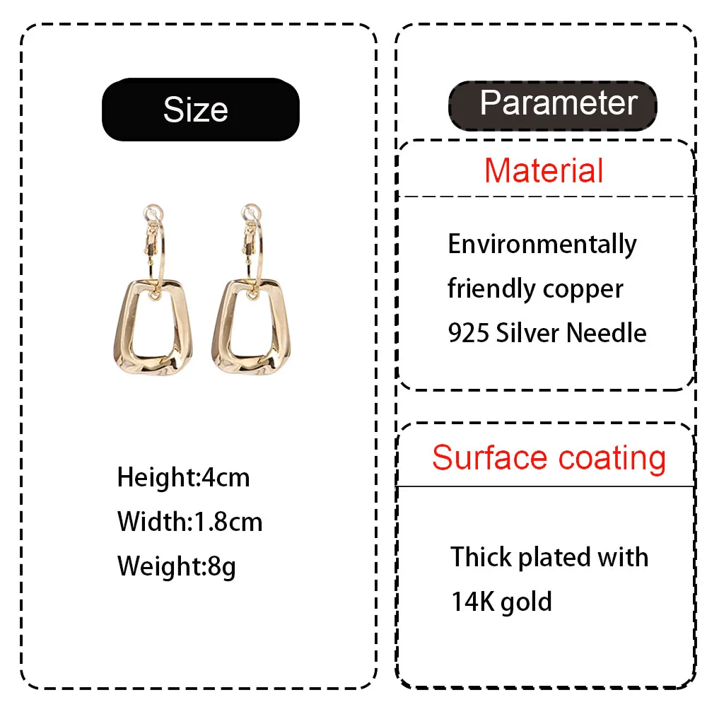Japanese Korean Fashion Versatile Twisted Square Metal Drop Earrings For Women S925 Silver Needle Exaggeration Jewelry