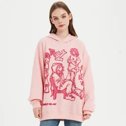 2023 Men Streetwear Pink Hoodie Sweatshirt Funny Cartoon Graphic Hoodie Autumn Harajuku Anime Hooded Pullover Hip Hop Hipster