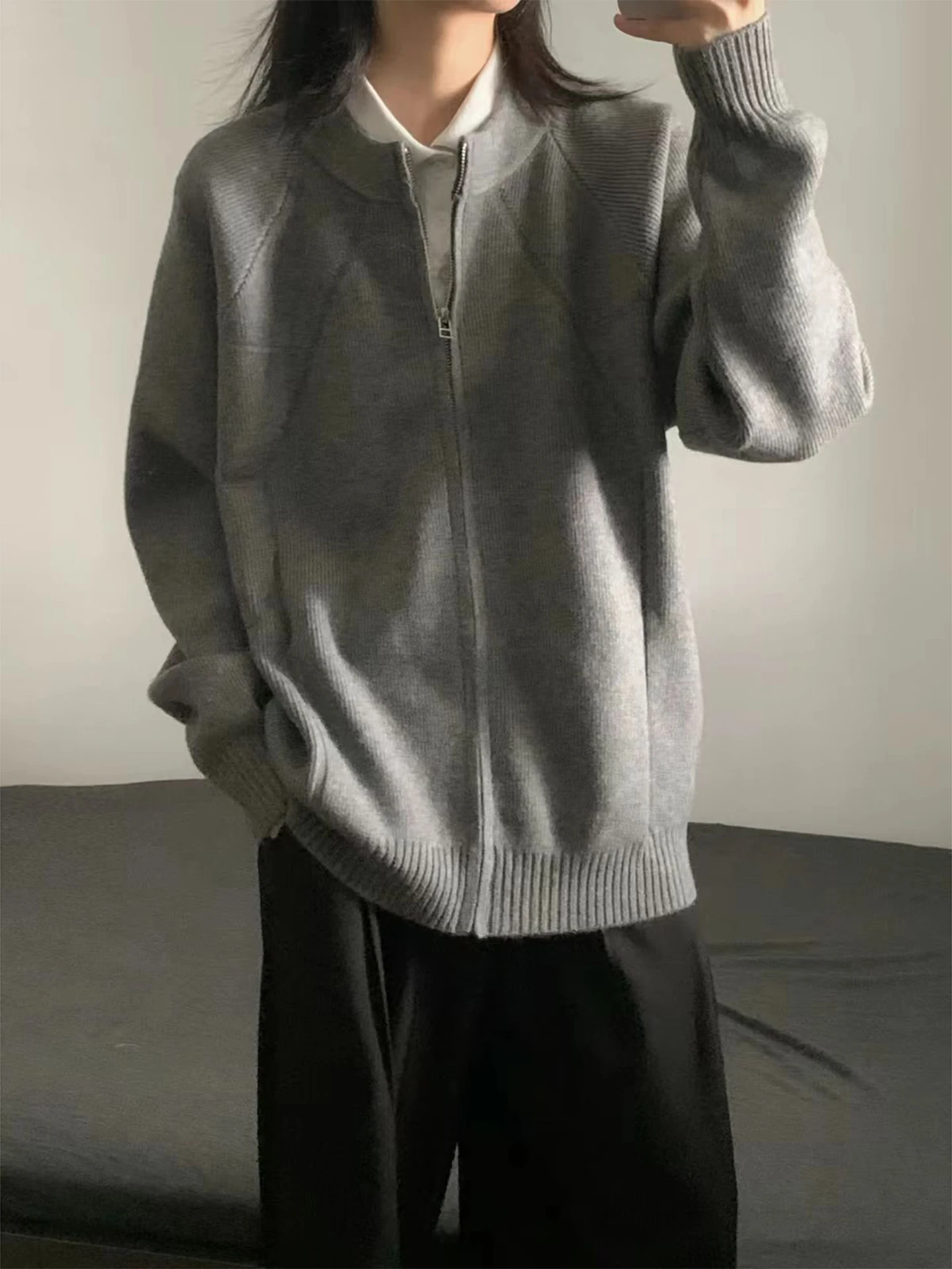 

ay Double Zipper Open Cardigan Sweater Men's Loose Lazy Sle Autumn Winter Knitted Outerwear Soft Cleanfit Long Sve