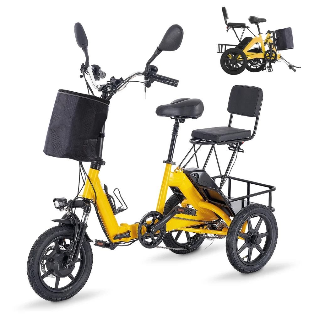 

Foldable Adult Electric Trike:350W(Peak500W),480Wh Removable Battery,2Seats,Basket,Black&Yellow(Seniors/Women)