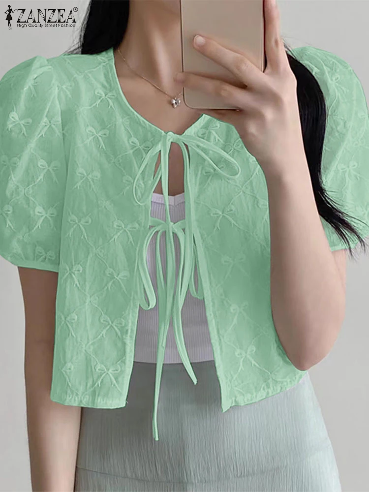 

ZANZEA Elegant Summer Cardigan Tops Tie-Front Vacation O-Neck Woman Shirts Casual Women Bow-Embroidery Short Puff Sleeve Tops