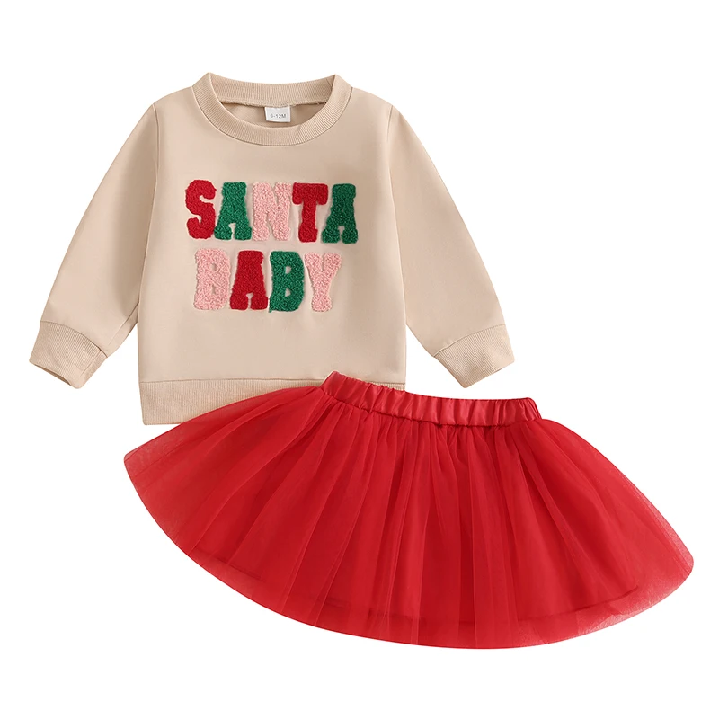 

Infant Girls 2-Piece Holiday Ensemble with Festive Embroidered Top and Fluffy Tulle Skirt - Adorable Baby Outfit for Christmas