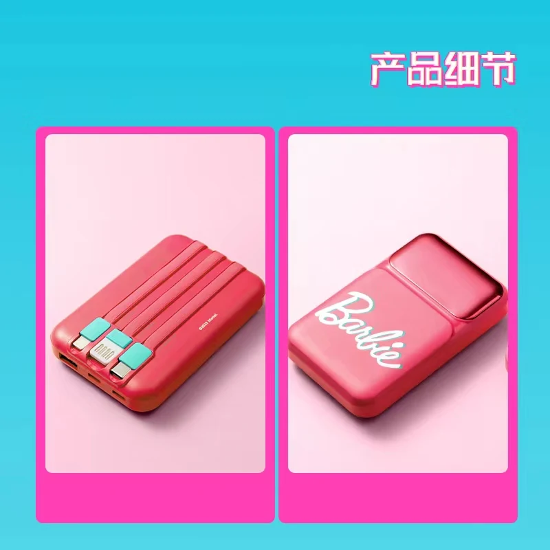 Miniso Barbie Sunshine 8000mah Type-C Pink Mini z kablem mobilny Power Bank podróżny Power Bank prezent urodzinowy