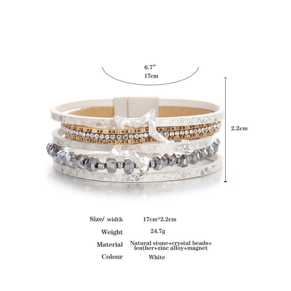 ALLYES Fashion Hollow Star Snake Skin Leather Bracelet for Women Charm Crystal Beads Chain Multilayer Wrap Bracelet Jewelry Gift