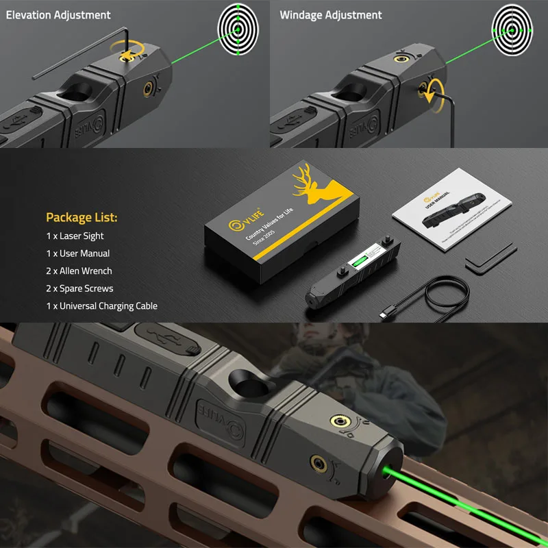 

Green Laser Sight Compatible with M Lok Rail Ultra Low-Profile Laser Rechargeable Strobe Function