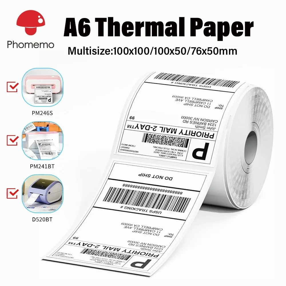 Phomemo 100x150mm Thermal Label Stickers Roll A6 Size Shipping Labels for PM-241BT/D520/246S Waybill Printer Portable Labeler