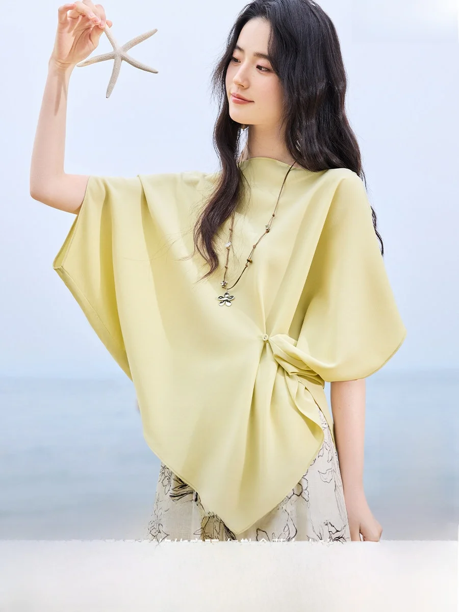 

Женский модный топ Ele One-shoulder Batwing Pearl с жемчужной отделкой и эффектом утяжки талии, лето 2026