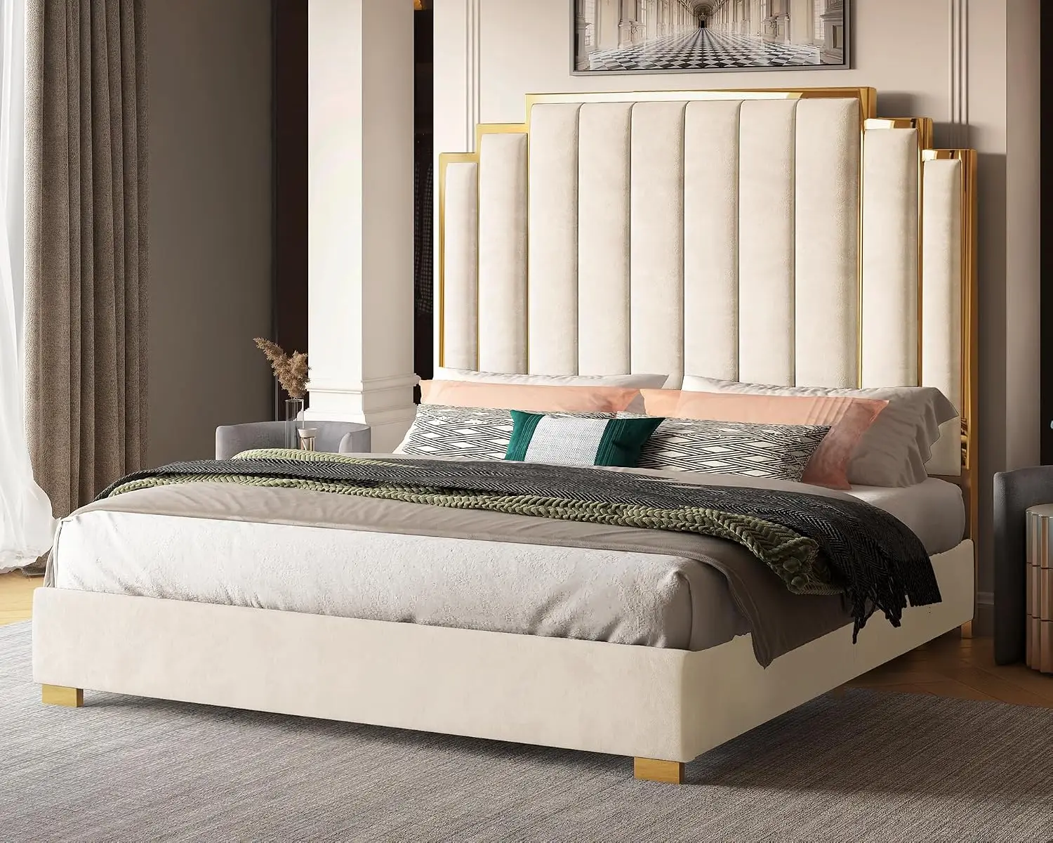 Velvet Upholstered King Platform Bed with Gold Trim Headboard, Wooden Slats Support, No Box Spring Needed, Cream, Customized