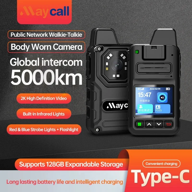 4G Global Public Network Walkie Talkie 5000KM Intercom 2K Body Worn Camera Infrared Night Vision Flashlight Type-C 128GB Expanda